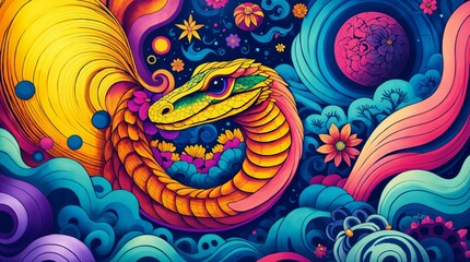 A cosmic dragon with swirling patterns soars through a dreamlike sky