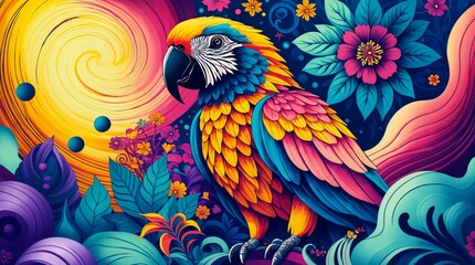 A psychedelic parrot with radiant feathers sits among swirling flowers