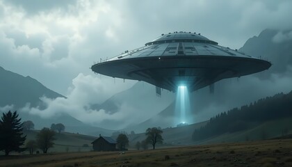 A silent, colossal spaceship hovers over a tranquil valley, casting an eerie yet mesmerizing glow on the serene landscape with soft, muted lighting and a misty mountain backdrop.