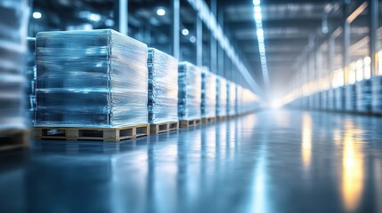 Rows of Pallets Wrapped in Stretch Film in a Modern Warehouse