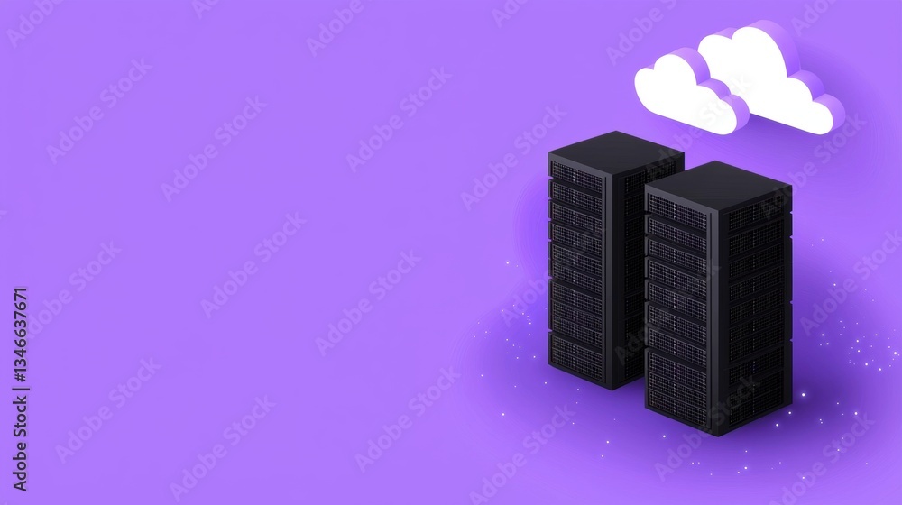 Poster modern cloud architecture diagram featuring two server towers and stylized clouds