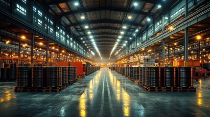 Fototapeta premium Industrial Warehouse Interior with Metal Coils - Manufacturing and Logistics Concept