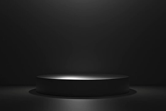 Podium black dark smoke background product platform abstract stage texture fog spotlight. Dark black floor podium dramatic empty night room table concrete wall scene place display studio smoky dust	