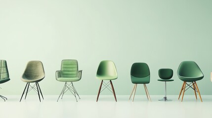 A graphic design poster displaying various green chairs with empty text areas in different font colors. The minimalist layout highlights metal and wooden bases.