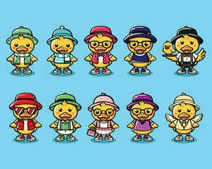 Adorable duck mascot set with unique outfits and accessories. Perfect for branding, kids' content, stickers, digital art, and merchandise design.