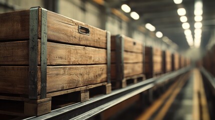 Wooden Crates on Conveyor Belt in Warehouse - Industrial Logistics and Supply Chain Concept