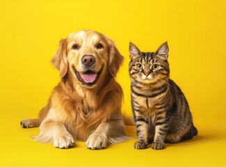 Golden Retriever and Tabby Cat Posing Together on Yellow Background