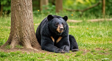 Fototapeta premium An Asian Black Bear Reclines Against the Base of a Broad Tree, Basking in the Warmth of the Midday Sun 