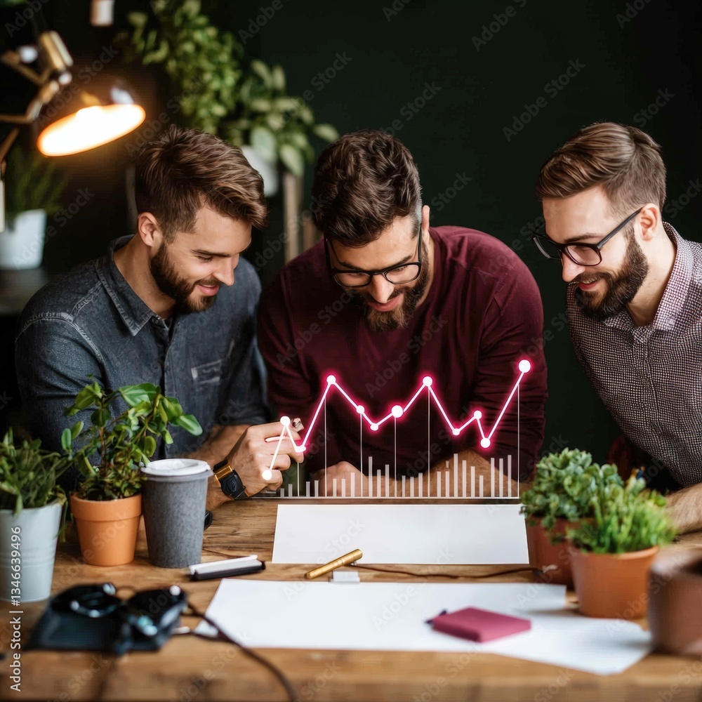 Poster diverse team of three men analyzing a dynamic line graph showcasing business trends and insights