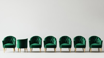 A sophisticated furniture poster with an elegant selection of green chairs, each labeled with an empty text space in a variety of font colors. White background.