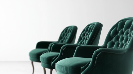 A sophisticated furniture poster with an elegant selection of green chairs, each labeled with an empty text space in a variety of font colors. White background.