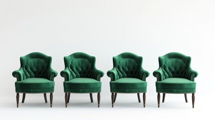 A sophisticated furniture poster with an elegant selection of green chairs, each labeled with an empty text space in a variety of font colors. White background.