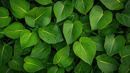 Lush green leaves create vibrant and refreshing atmosphere, showcasing nature beauty and intricate patterns