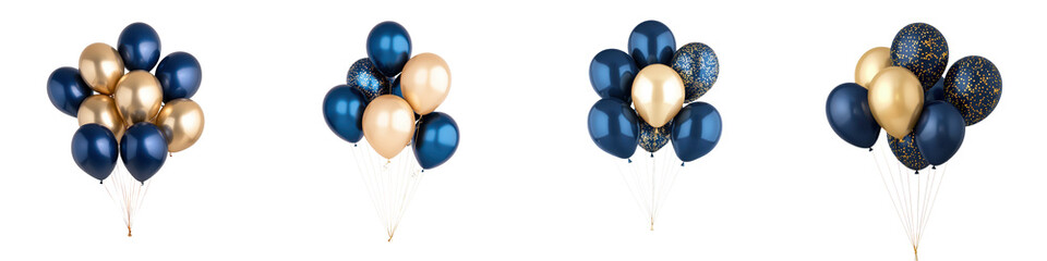 A cluster of luxurious navy and gold balloons floating together creating a sophisticated and festive atmosphere for a special occasion or