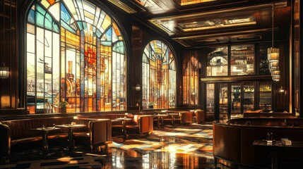 Elegant bar interior with stained glass windows