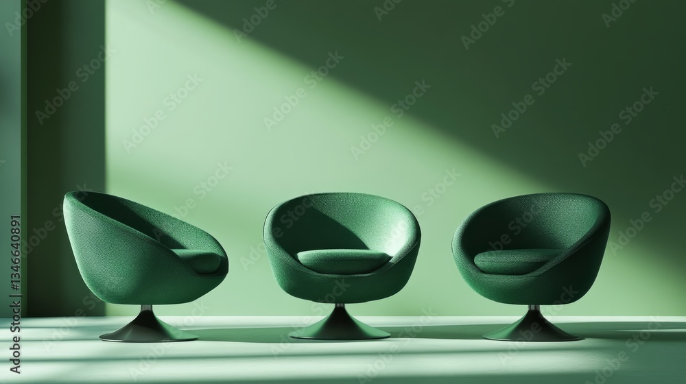 Fototapete a well-balanced digital design of stylish green chairs with different bases, each featuring an empty
