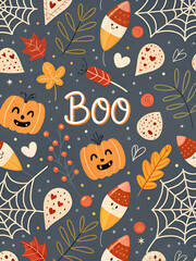 A festive Halloween pattern features pumpkins, candy corn, and spooky elements