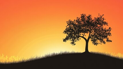Obraz premium Lone Tree Silhouette at Sunset with Serene Landscape. (78)
