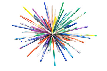 Colorful paint sticks arranged in the shape of an explosion on a white background