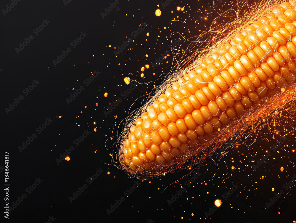 Poster golden corn cob glowing with vibrant light, showcasing intricate details and textures, creating capt