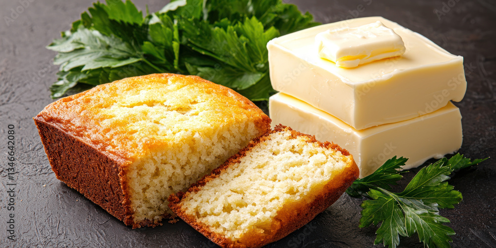 Poster fluffy cornbread slice with butter on dark surface, garnished with fresh parsley, creating warm and 