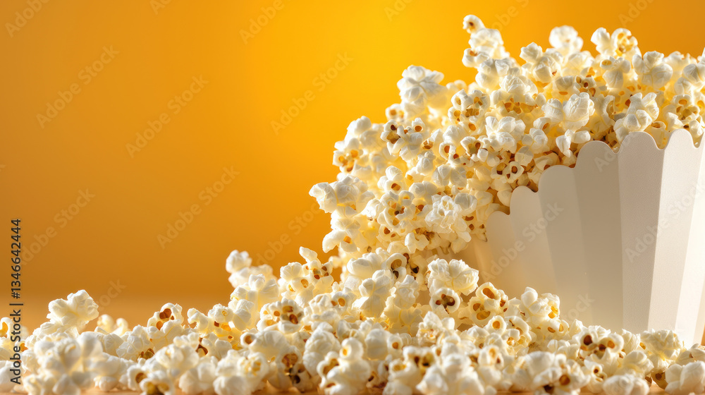 Aufkleber crispy popcorn kernels spilling from white container against warm yellow background, creating deligh