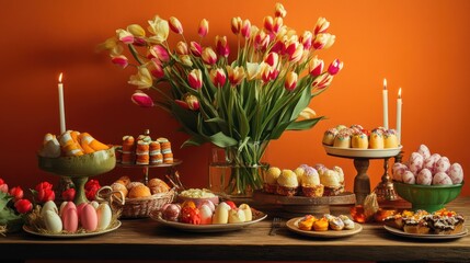 Fototapeta premium A festive Easter gathering--tulips in bloom, candlelit warmth, and a wooden table adorned with sweets and all set against a bold orange background.