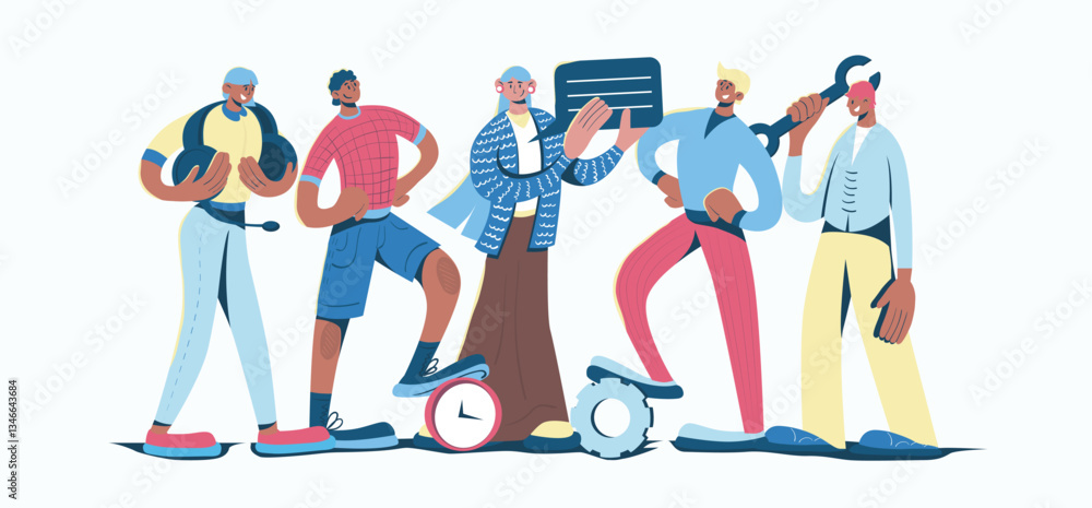 Leinwandbilder customer support concept in cartoon web design. people working at call service, communicating with c