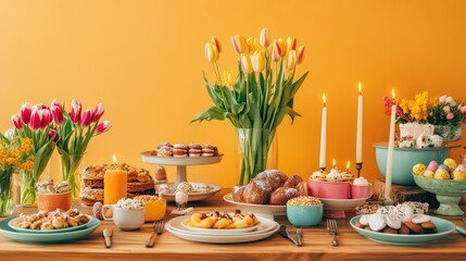 A stunning Easter dining setup with bright tulips, candlelit charm, and a wooden table decorated with seasonal treats against a vibrant orange backdrop.
