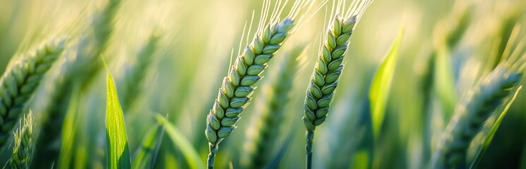 Close-up of vibrant green wheat stalks in a sunlit field.