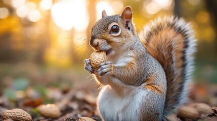 Squirrel eating peanut, autumn forest, sunset