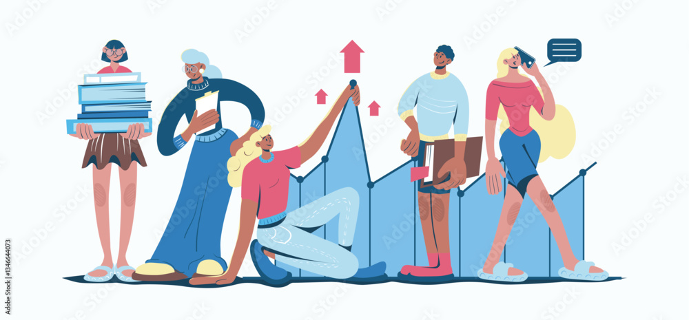 Poster Effective business concept in cartoon web design. People developing project, achieving progress at profit graph with earning raising performance. Flat vector illustration isolated on white background.