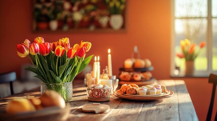 Naklejka premium Chic Easter dinner scene with radiant tulips, glowing candles, and a rustic wooden table filled with seasonal treats, set against a striking orange wall.