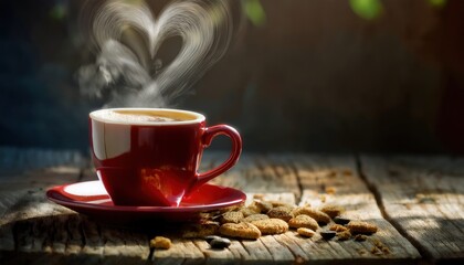 steaming cup of coffee in red ceramic cup with heart-shaped steam on rustic wooden table with scattered cookies in sunlight

