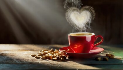 steaming cup of coffee in red ceramic cup with heart-shaped steam on rustic wooden table with scattered cookies in sunlight

