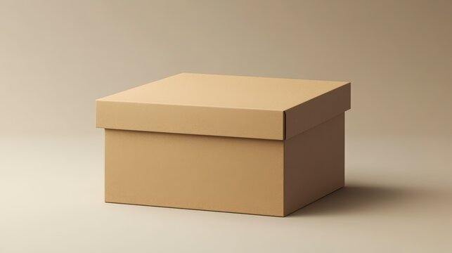 A simple, square, light brown cardboard box on a beige background.