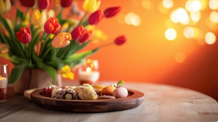 Elegant Easter dinner table--vibrant tulips, flickering candles, and a wooden setting filled with treats, framed by a striking orange background.