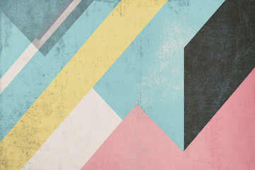 Colorful geometric mural with diagonal stripes and textured background