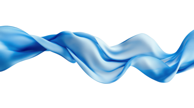 Blue wavy silk fabric flowing on transparent background