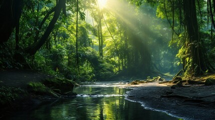 Lush green forest with sunlight streaming through the dense foliage
