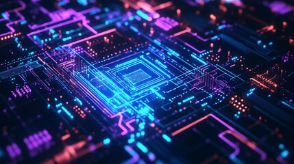 Fototapeta premium Close-up of a futuristic blue circuit board with neon glowing pathways. 