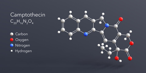 camptothecin molecule 3d rendering, flat molecular structure with chemical formula and atoms color coding