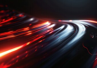 Abstract red and black flowing light waves in motion.