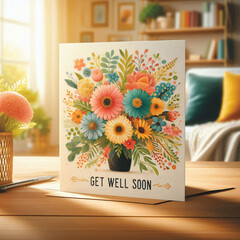 Get well soon card with a heartwarming bouquet of colorful flower, expressing wishes for a speedy recovery.
