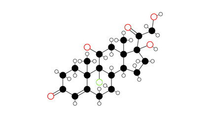 fludrocortisone molecule, structural chemical formula, ball-and-stick model, isolated image antihypotensive agents