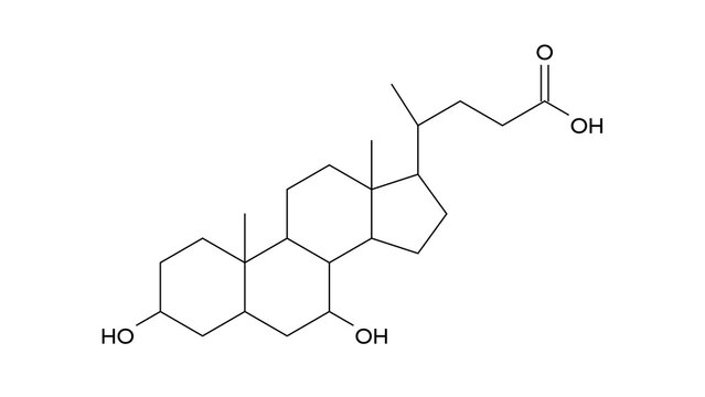chenodeoxycholic acid molecule, structural chemical formula, ball-and-stick model, isolated image bile acid