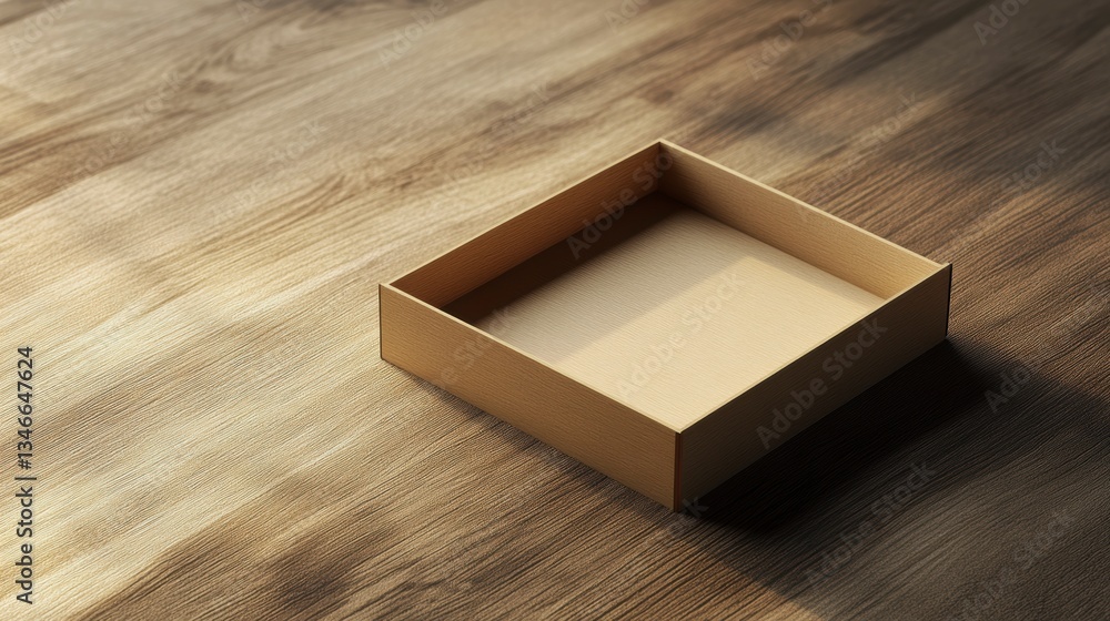 Poster empty square cardboard box on wooden surface.