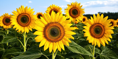 Obraz premium Bright sunflowers stand tall in vibrant field under clear blue sky, radiating warmth and joy