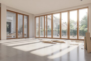 Fototapeta premium Modern home renovation: Spacious room with new flooring and large windows.