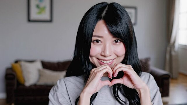 Happy Asian young woman heart hands. She is making a heart symbol with her hands.
